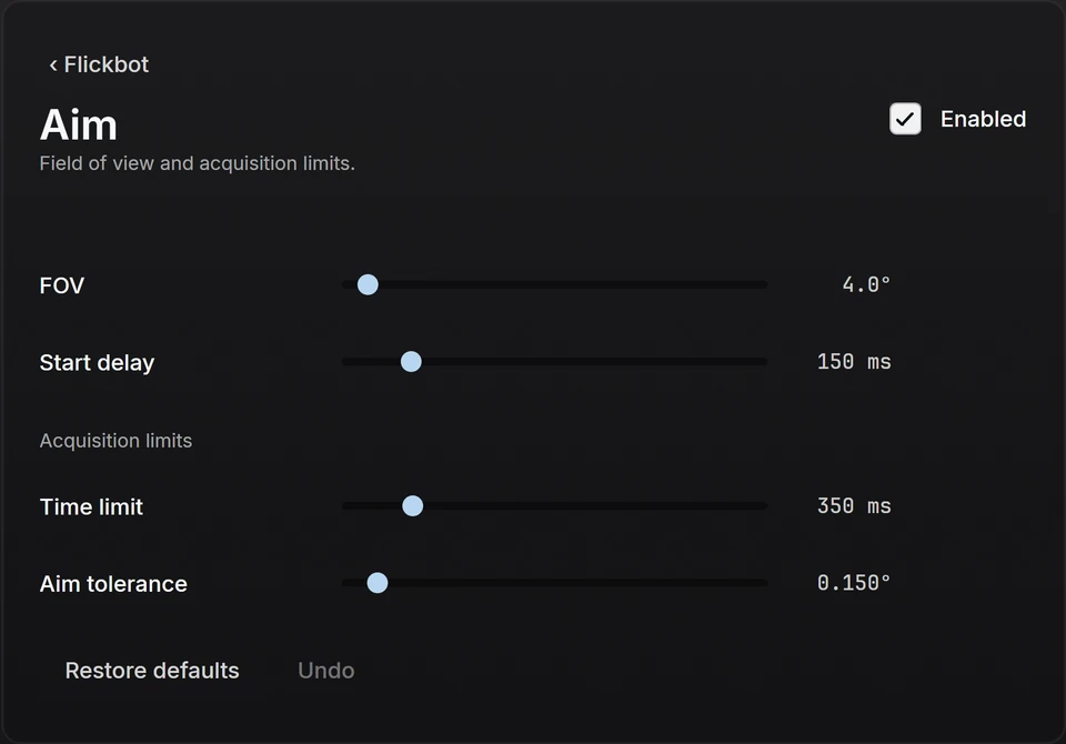 The shatter Overwatch menu showing flick aim controls with sample settings.