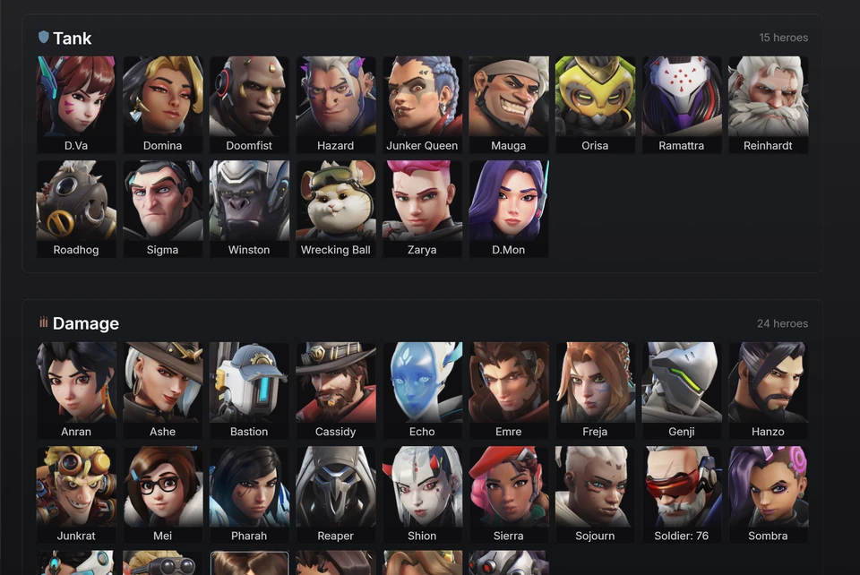 The shatter Overwatch hero selector with portraits arranged by role.