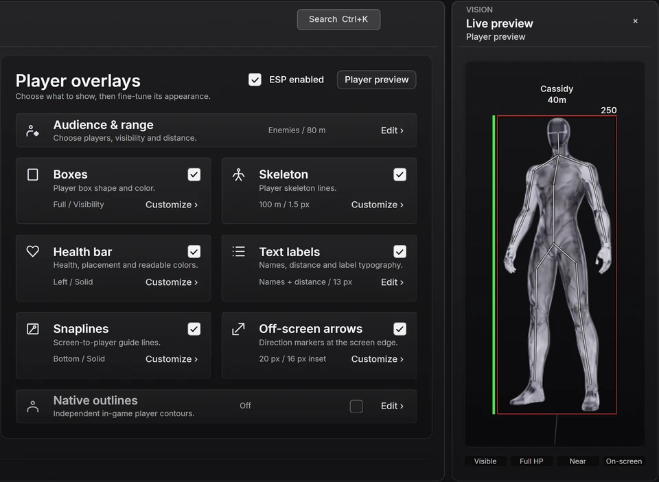 The shatter player visual controls beside their sample player preview.