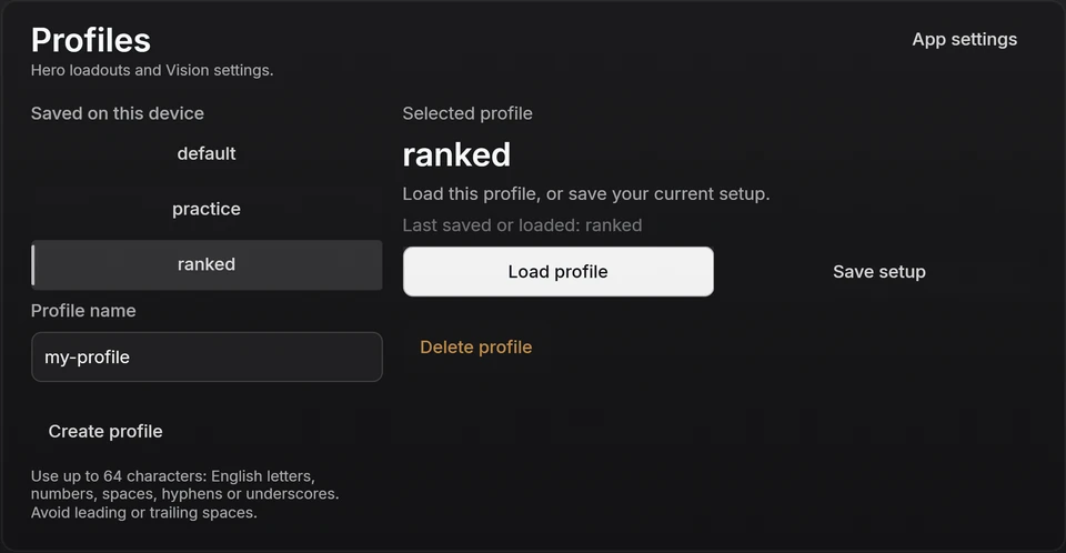 The shatter Profiles page with sample saved setups and interface preferences.