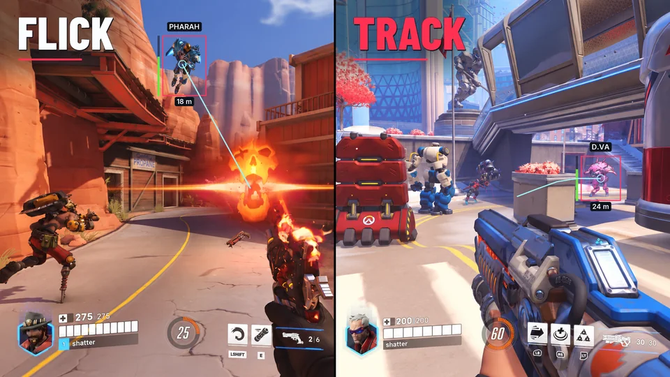 Side-by-side Overwatch match views comparing Cassidy flick aim and Soldier: 76 tracking.