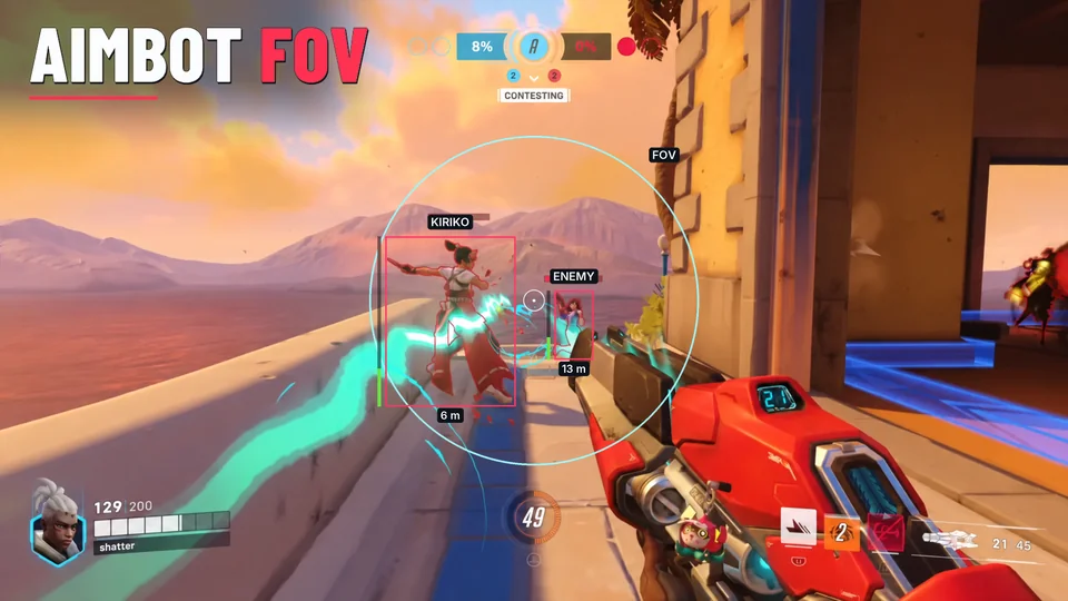 Overwatch match with a circular aim FOV overlay centered on the crosshair and enemy targets inside it.
