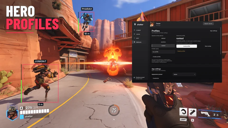 Overwatch match with the shatter Profiles interface open alongside the gameplay.