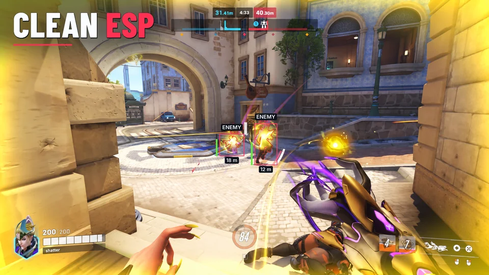 Overwatch Push fight with clean enemy boxes, health bars and distance labels against a busy scene.