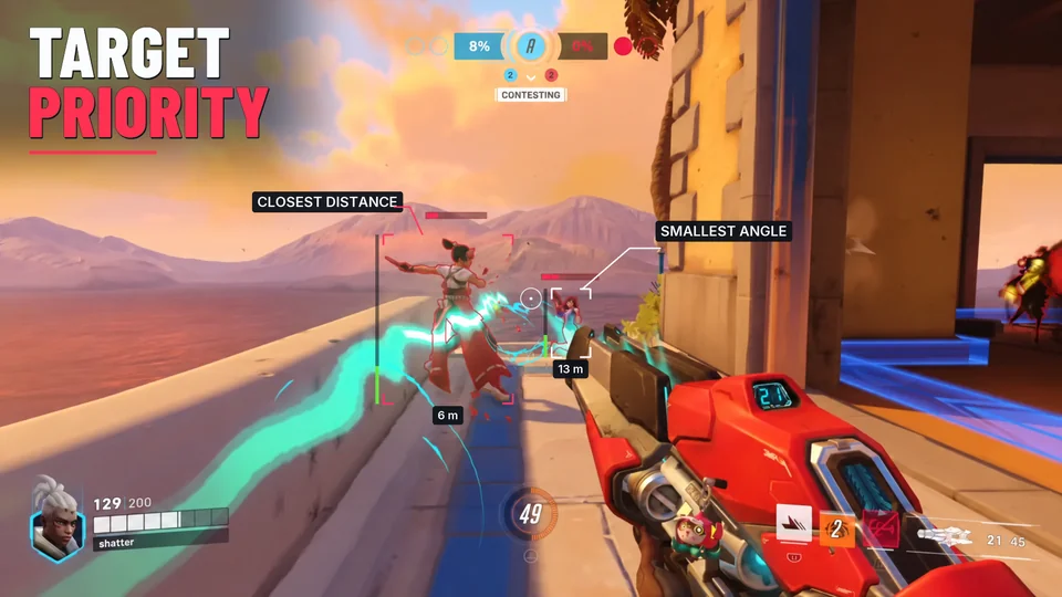 Two Overwatch opponents marked to compare closest-distance targeting with smallest-angle targeting.