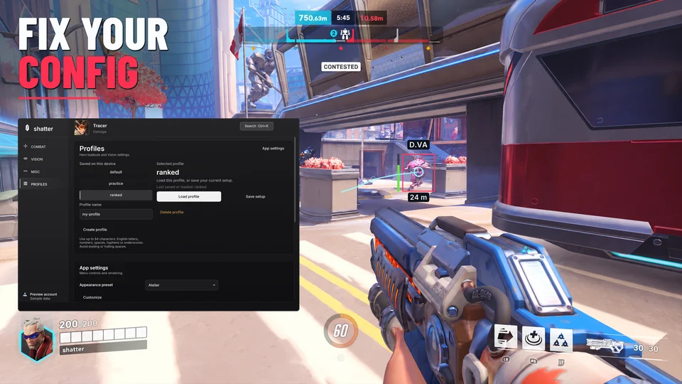 Overwatch Push match with a real shatter Profiles panel open beside a tracked opponent.